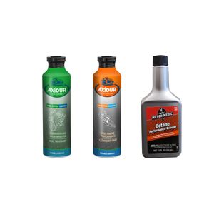 مکمل سوخت خودرو موتور مدیک مدل 4 حجم 954 میلی لیتر به همراه تمیزکننده سیستم سوخت آکسیور و انژکتورشوی آکسیور